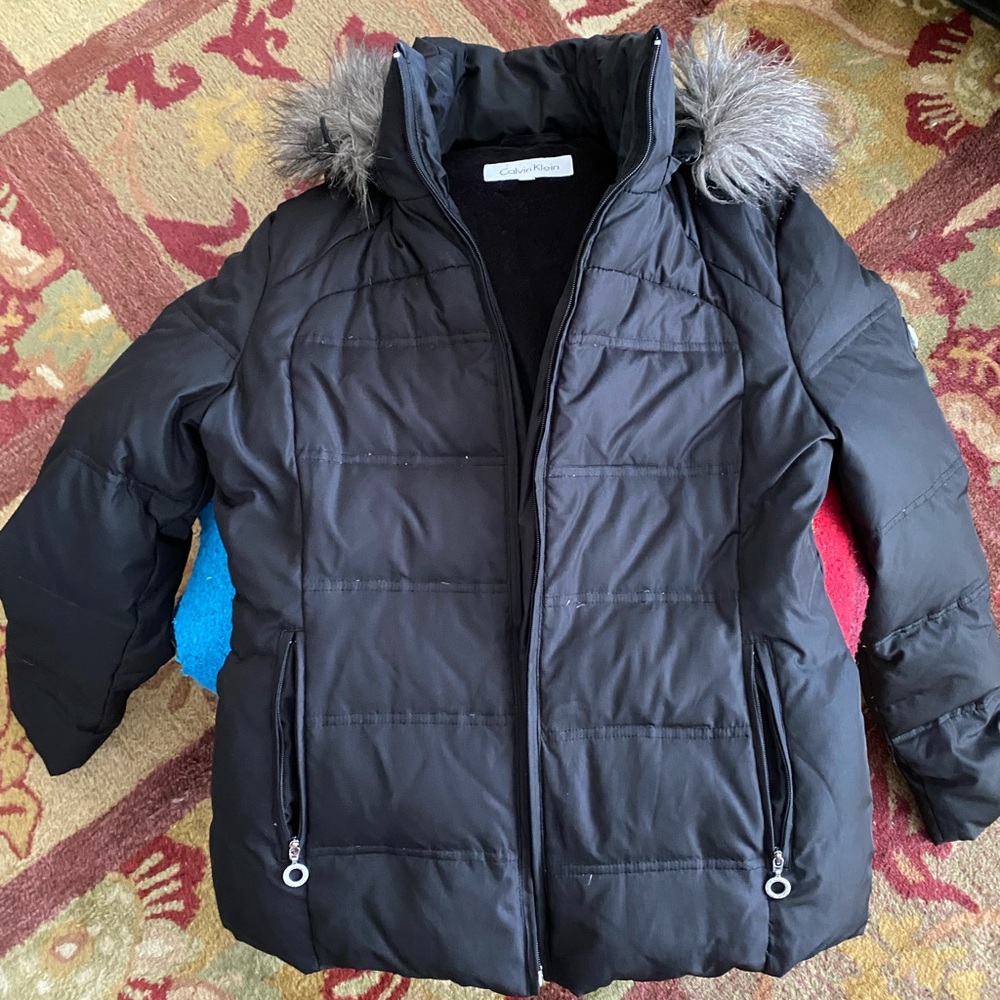 Calvin Klein Black and Gray Puffer Jacket with Fur Trim